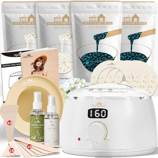 Lifestance Waxing Kit for Women & Men - L3 Digital Warmer, Silicone Wax Pot Liner, Hair Removal Kit with 4 Hard Wax Beads (14.1oz) & 45 Accessories, Professional for Brazilian, Bikini, Face, Leg, Body-Velvo Beauty