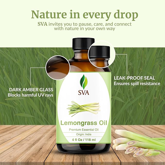 SVA Lemongrass Essential Oil – 4 Fl Oz – 100% Natural Lemongrass Oil - for Diffuser, Hair Care, Face, Skin Care, Aromatherapy, Scalp and Body Massage, Soap and Candle Making - with Dropper-Velvo Beauty