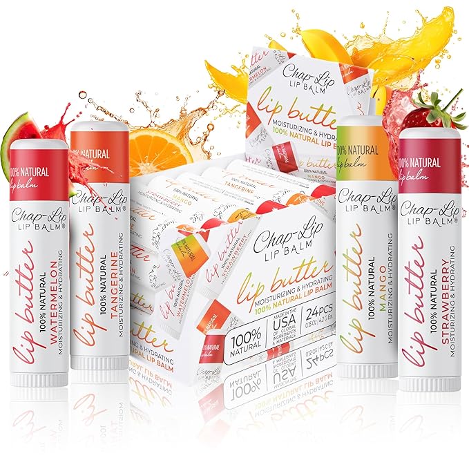 CHAP-LIP 100% All Natural Lip Balm Hydrating Bulk Chap Stick with Fruit Flavors, Coconut Oil, and Cocoa Butter - Lip Therapy Pack for Men and Women - Gift Set Made in the USA, 24 Pack-Velvo Beauty