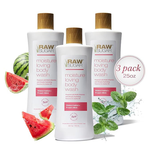 RAW SUGAR Moisture Loving Body Wash - Watermelon + Fresh Mint, Moisturizing & Refreshing Bath & Shower Gel, Sulfate-Free, Paraben-Free & Vegan (Pack of 3)-Velvo Beauty