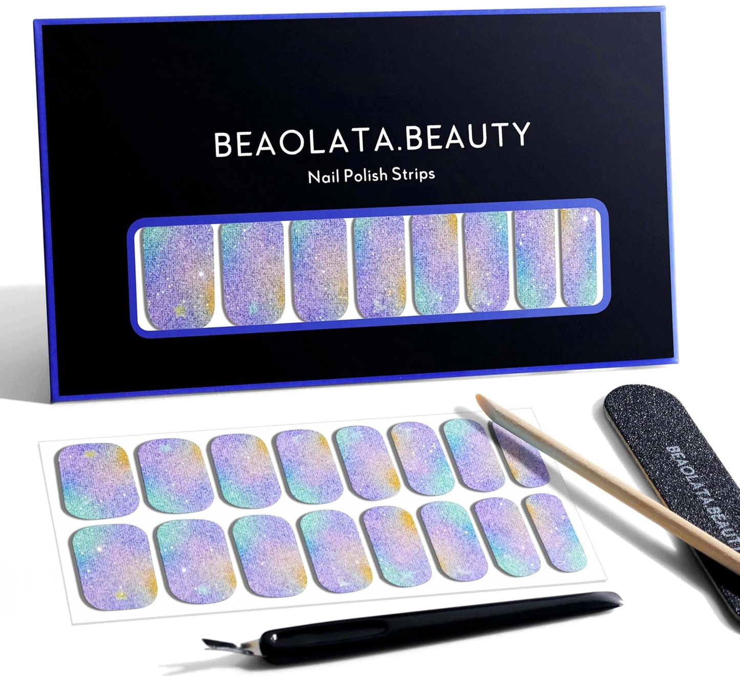 Nail Polish Strips, 32PCS Salon Quality Wraps, Long Lasting Gel Nail Stickers for Women Easy Apply& Remove (Fairies's Blue Glitter)-Velvo Beauty
