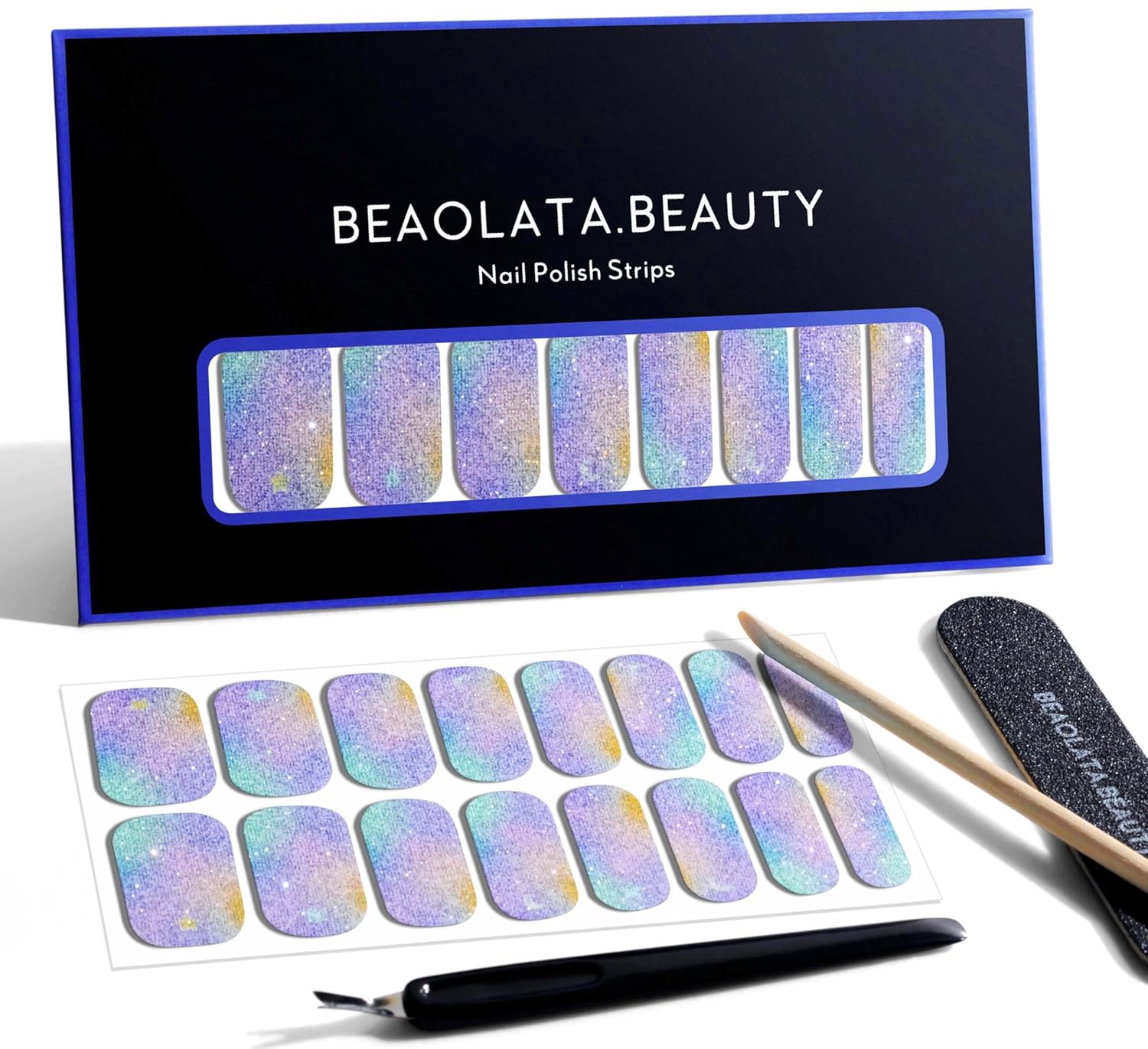 Nail Polish Strips, 32PCS Salon Quality Wraps, Long Lasting Gel Nail Stickers for Women Easy Apply& Remove (Fairies's Blue Glitter)-Velvo Beauty