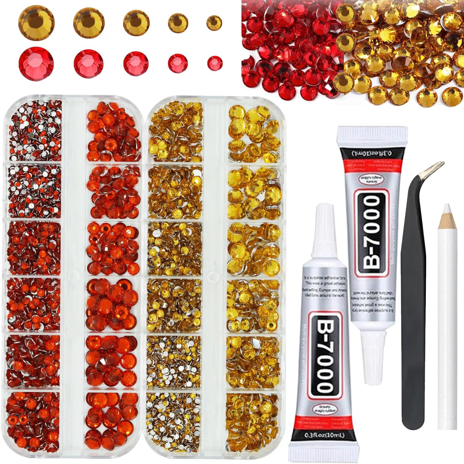 Gold and Red Rhinestones with Glue(S8-S30) for Bedazzling,2mm-6mm Non-Hotfix Flatback Nail Gems Beads with B7000, Resin Nail GemsStones Diamond Kit for Bedazzle Crafting, Nails DIY Art Decoration-Velvo Beauty