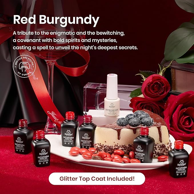 Beetles Red Gel Nail Polish Set with Top Coat, 6 Colors Popular Shimmer Red Burgundy Gel Polish Kit Nail Art Design Soak Off Uv LED Minicure DIY Home Gifts for Women-Velvo Beauty