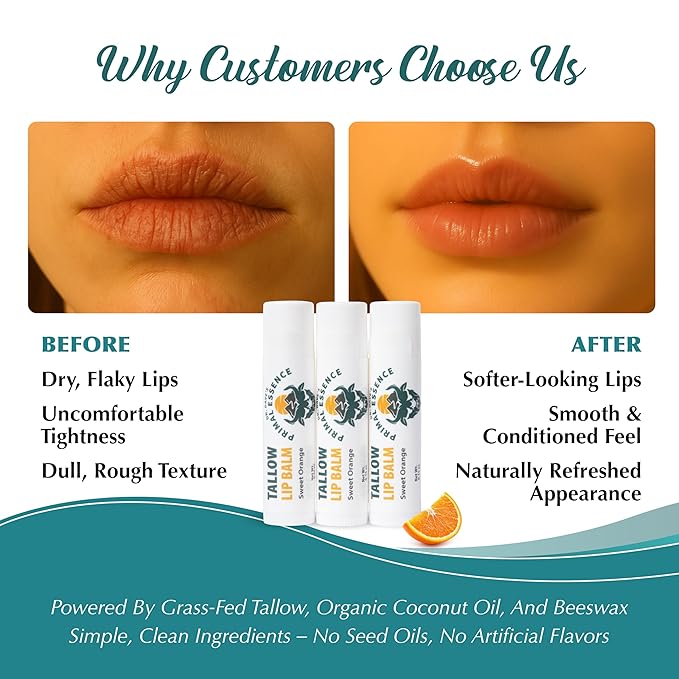 Moisturizing Tallow Lip Balm – Grass-Fed Beef Tallow with Organic Coconut Oil, Beeswax, and Vitamin E – Sweet Orange – Lip Balm Set – Travel Essential – 3-Pack-Velvo Beauty