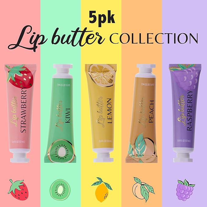 Expressions 5pc Lip Butter Collection - Simply Sweet Fruit Flavored Lip Butter Balm Set | Moisturizing Squeeze Tube Lip Butters for Everyday Lip Care and Lip Repair-Velvo Beauty
