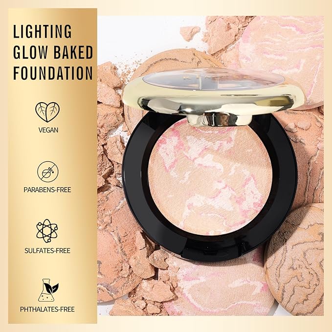 KIMUSE Lighting Glow Baked Foundation, Brighten Color, Color Corrector, Buildable Coverage, Lightweight Powder Foundation, Radiant Natural Finish-Velvo Beauty