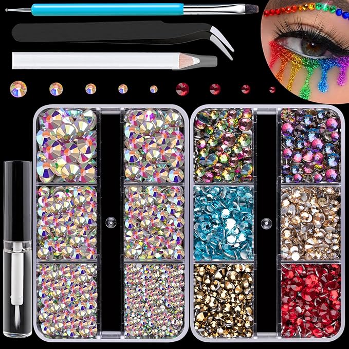 Colorful Face Gems for Makeup Set, Flatback Gorgeous AB Glass Gem, Mixed-Colored Crystals with Makeup Glue+Picker Pencil+Tweezer+Dual-End Dotting Tool for Eye Body Hair Make-up and Nail Art Deco-Velvo Beauty