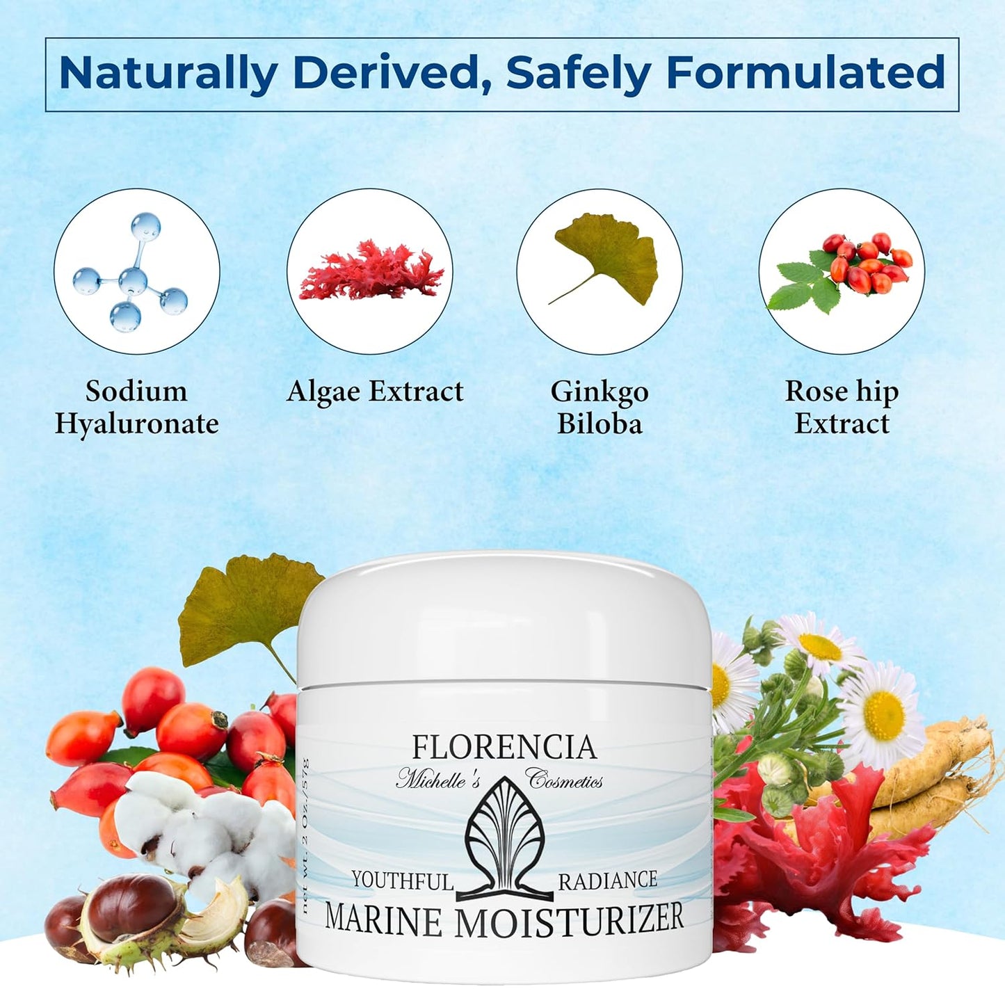 Florencia Marine Moisturizer - Youthful Radiance Face & Neck Cream - Hydrating, Nourishing, Wrinkle, Rejuvenating Cream with Marine Algae Extracts and Hyaluronic Acid for Men & Women, 2 oz-Velvo Beauty