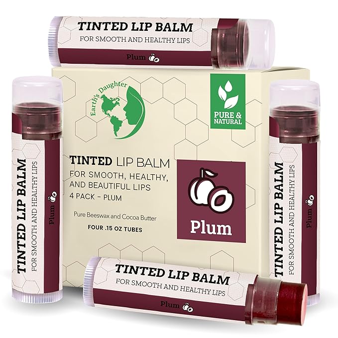 Tinted Lip Balm by Earth’s Daughter – 4 Pack of Plum Color – Beeswax, Coconut Oil, Cocoa Butter, Vitamin E – Moisturize and Beautify – Paraben Free-Velvo Beauty