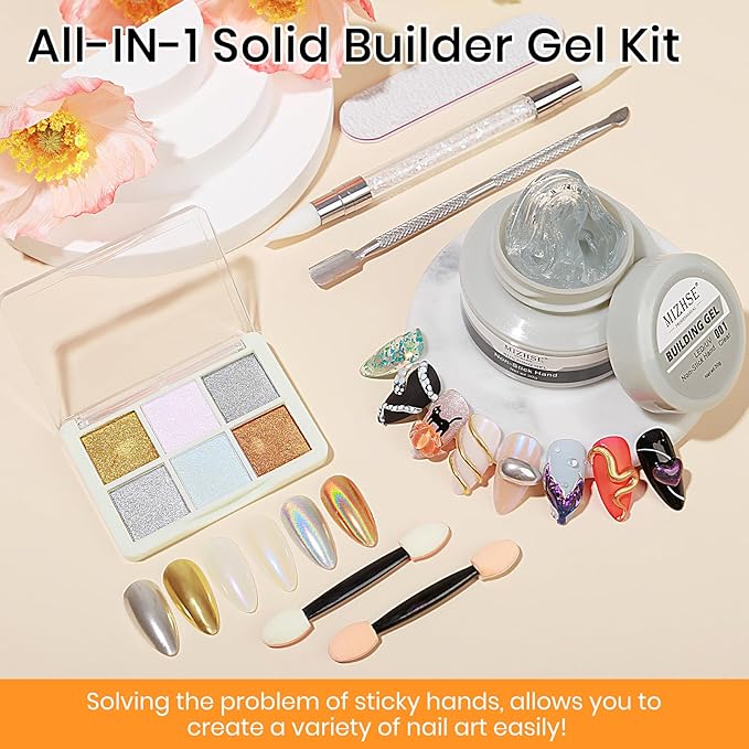 MIZHSE Solid Builder Gel - 1 oz Clear Non Stick Hand Hard Gel with 6 Colors Chrome Nail Powder and Nail Form Extension Kit for Salon and Home DIY-Velvo Beauty