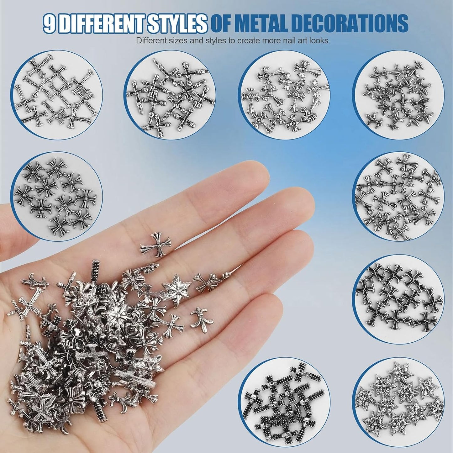 Artdone Nail Art Studs Kit, 3D Silver Cross Nail Charms and Star Gems Bulk Nail Jewels Shiny Crosses for DIY Professional Manicures Decoration-Velvo Beauty