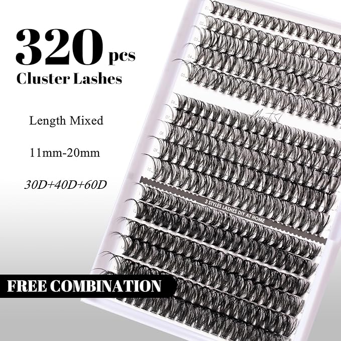 Lash Clusters 320pcs Individual Lashes 30D&40D&60D DIY Lash Extensions D Curl Lash Clusters False Eyelashes Natural Look 11-20mm Mix Cluster Eyelash Extensions EASY TO USE (30D+40D+60D-0.07D)-Velvo Beauty