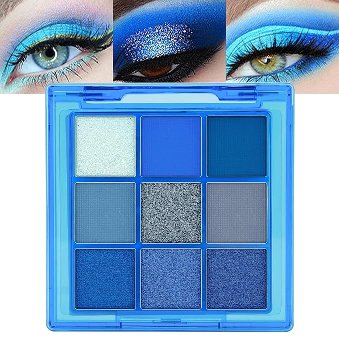 Erinde 9 Colors Dark Light Royal Cobalt Blue Pearl White Glitter Shimmer Eye Shadow Makeup Palette Highly Pigmented Waterproof Matte Glitter Shimmer Daily Party Sparkling Eyeshadow Palett for Girl-Velvo Beauty