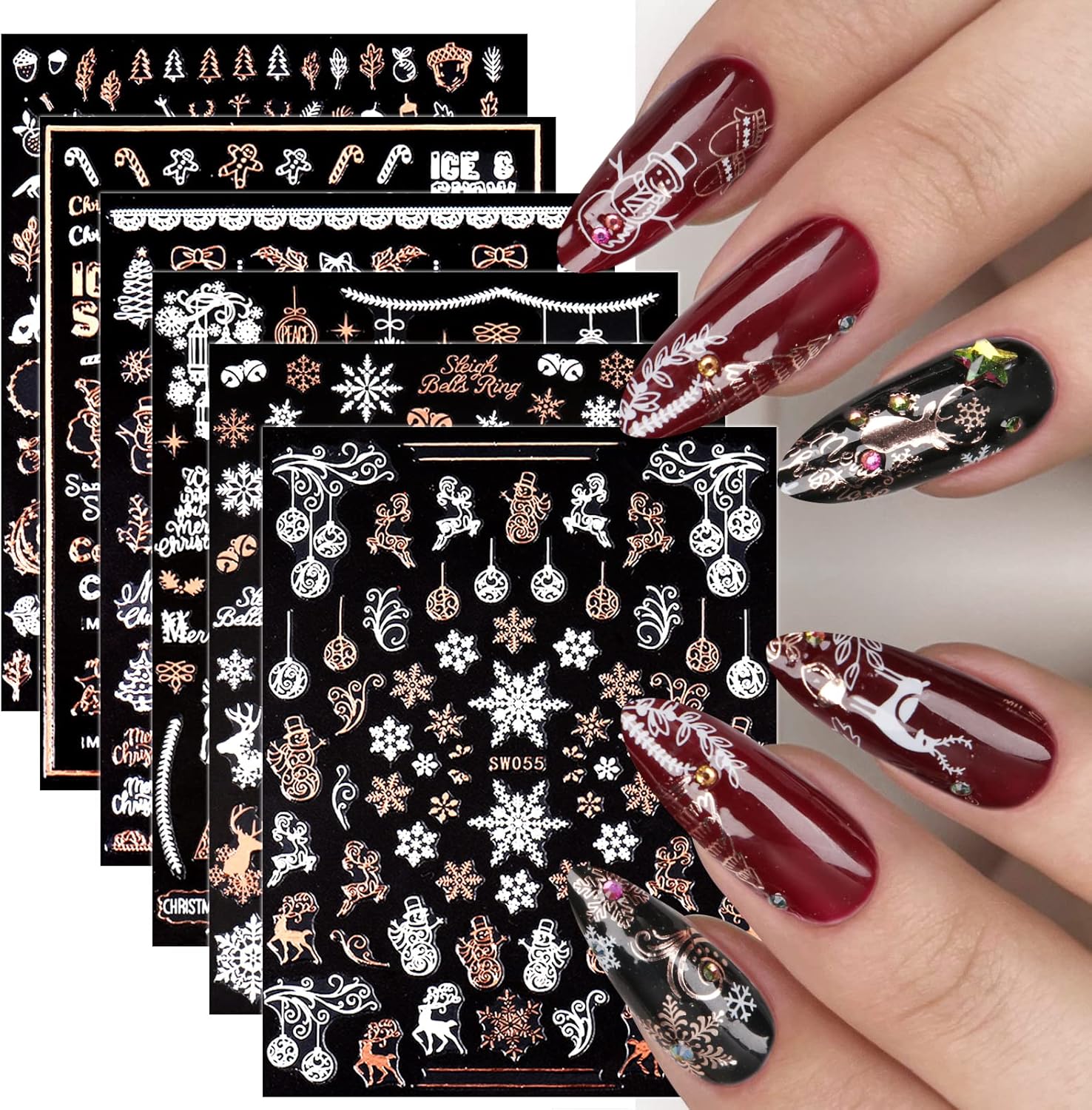 9 Sheets Christmas Nail Art Stickers Decals Self-Adhesive Pegatinas Uñas Rose Gold Snowflake Tree Winter Nail Supplies Nail Art Design Decoration Accessories-Velvo Beauty
