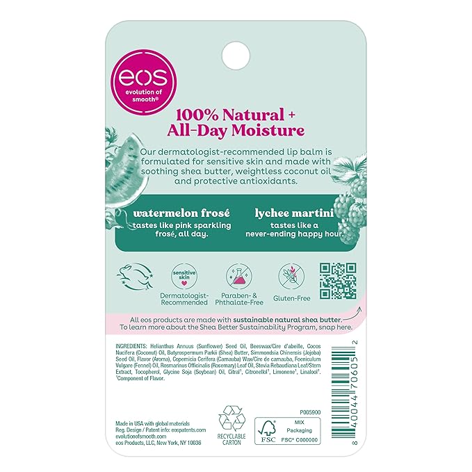 eos 100% Natural Lip Balm Sticks- Watermelon Frosé and Lychee Martini | Dermatologist Recommended for Sensitive Skin | All Day Moisture | 0.14 oz | 2-Pack-Velvo Beauty