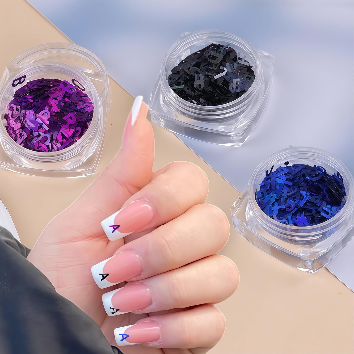3 Colors Nail Art Glitters & Sequins - Black & Purple Letter Shaped Nail Sticker for Women's Manicure DIY-Velvo Beauty