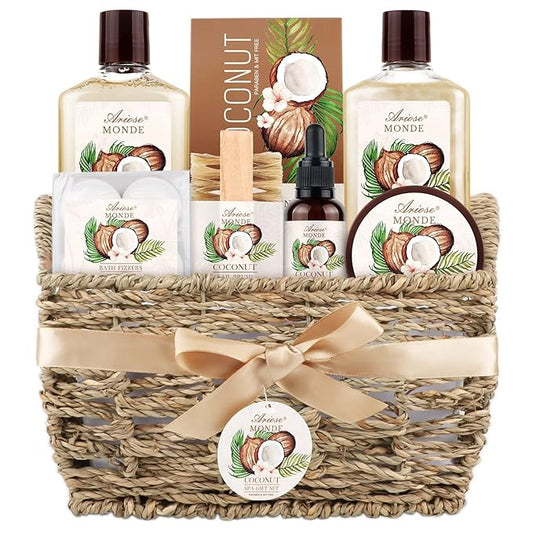 Bath & Shower Spa Basket Gift Set, Coconut Scent, with Shower Gel, Bubble Bath,Body Lotion, Bath Bomb,Bath Salt, Bath and Body Gift Box for Women-Velvo Beauty