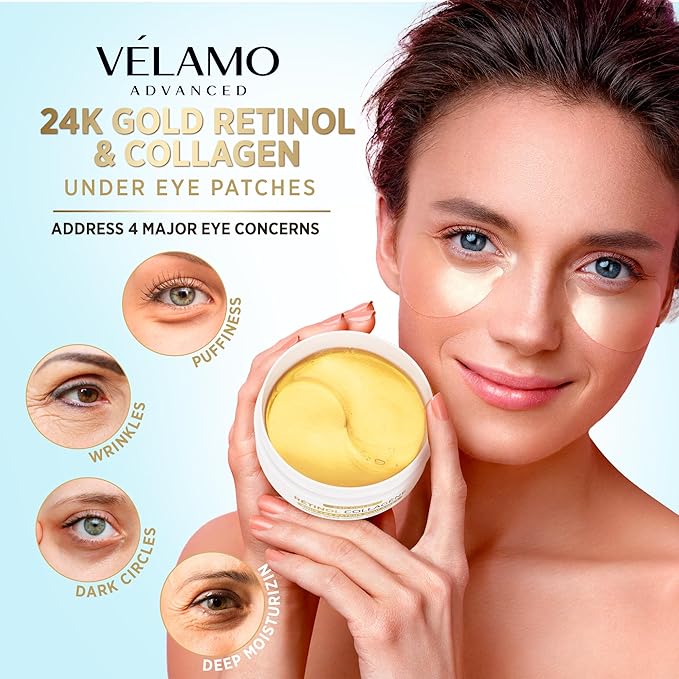 VELAMO ADVANCED Under Eye Patches: 24K Gold Under Eye Mask for Puffy - Retinol Patchology Eye Patches for Wrinkles and Dark Circles Puffiness- Collagen Under Eye Bags Treatment for Women Men 60 Pcs-Velvo Beauty
