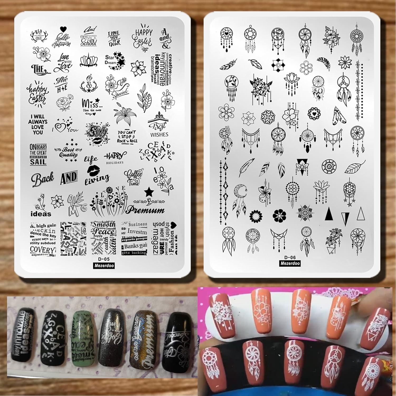 Flowers Leaf Love Nail Stamping Plate 2pcs Dreamcatcher Feather Pendant Image Stamping Template Alphabet Letter Words Creative Large Size Nail Plate Printer Star Lips Nail Stamp Stencil 14.5×9.5cm-Velvo Beauty