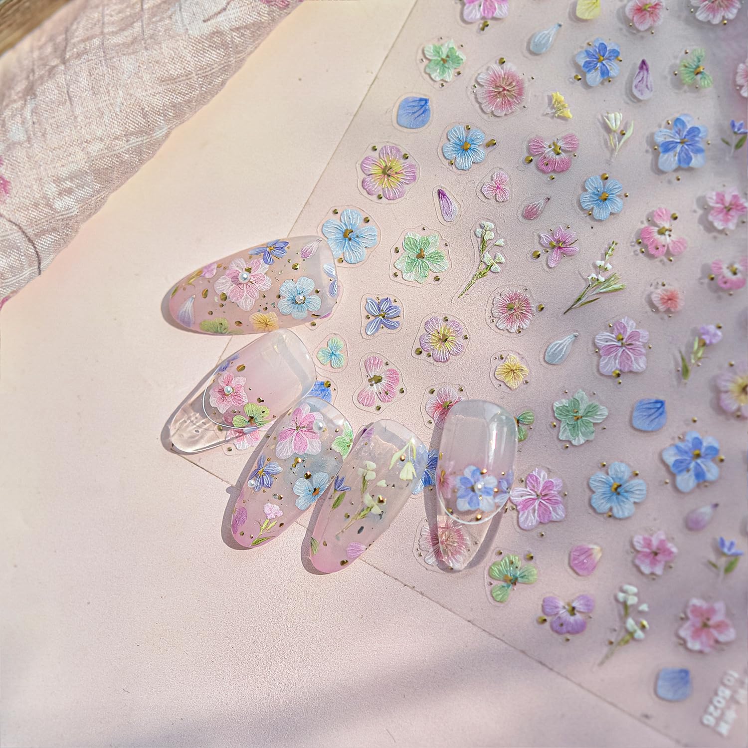 Dried Flower Nail Art Stickers Colorful Flowers Nail Decals for Acrylic Nails 3D Self Adhesive Glitter Designs Nail Sticker Cute Floral Nail Decal Spring Summer Manicure Supplies for Women DIY Decor-Velvo Beauty