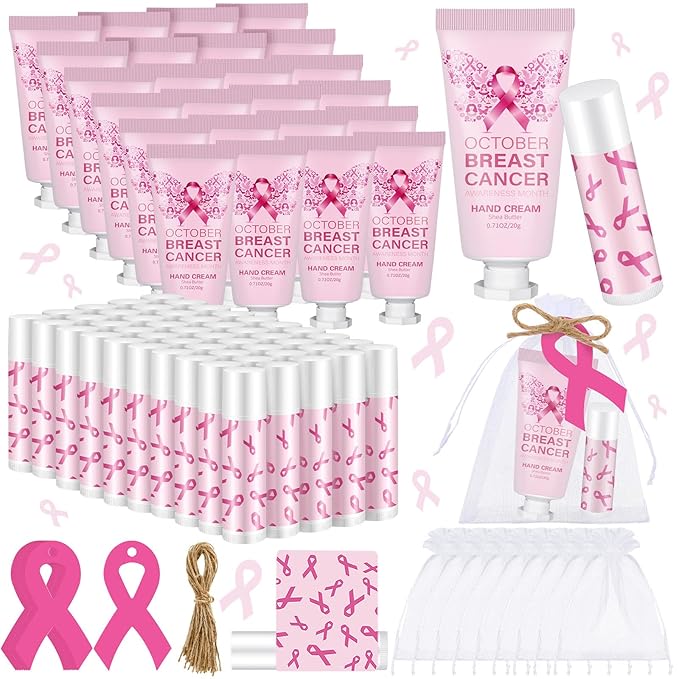 50 Set Breast Cancer Awareness Gifts Bulk Woman Pink Ribbon Lip Balm Hand Cream Include 50 Lip Balm 50 Hand Cream 50 Bag 50 Tag Breast Cancer Awareness Month Items Survivors Offices-Velvo Beauty
