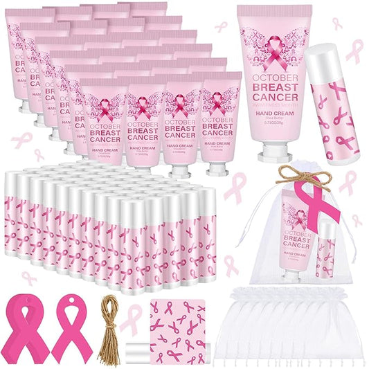50 Set Breast Cancer Awareness Gifts Bulk Woman Pink Ribbon Lip Balm Hand Cream Include 50 Lip Balm 50 Hand Cream 50 Bag 50 Tag Breast Cancer Awareness Month Items Survivors Offices-Velvo Beauty