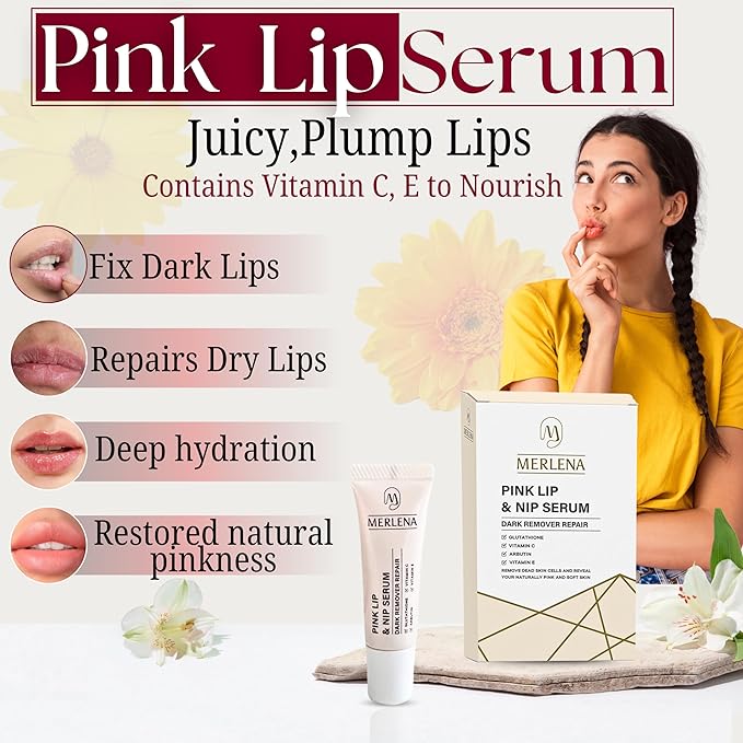 Merlena Pink Lip & Nip Serum - Hydrates and Repairs Dry, Peeling Lips and Nipples, Adds Collagen for Plumpness, Soothes Flaky Skin, Organic Vitamin C & E Formula 8ml-Velvo Beauty