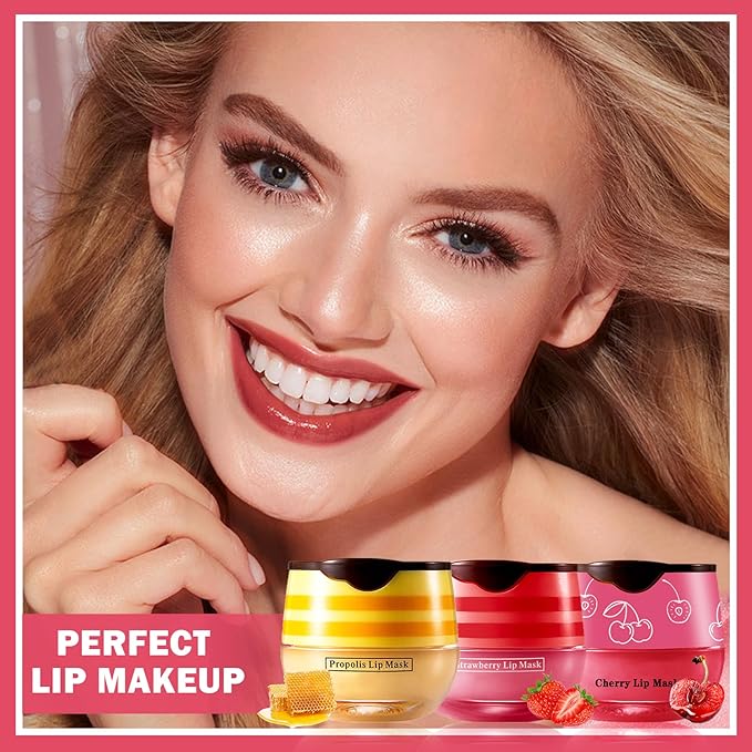 NVLEPTAP 3PCS Bee Lip Balm Honey Pot Honey Lip Balm Strawberry Honey Cherry Lip Sleeping Mask Moisturizing Hydrating Lip Care Products Honey Pot Lip Balm with Stick-Velvo Beauty