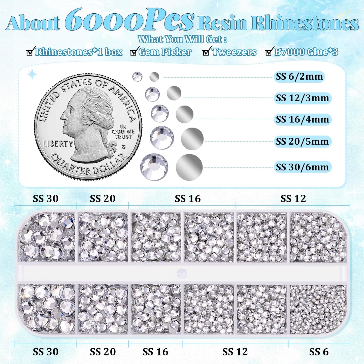 6000Pcs Resin Rhinestones for Bedazzling with 3Pcs B7000 Jewelry Glue, 1 Box Clear Flatback Rhinestones for Crafting Crafts DIY, Crystals Gems for Clothing Shoes Tumblers Nail Art Makeup-Velvo Beauty