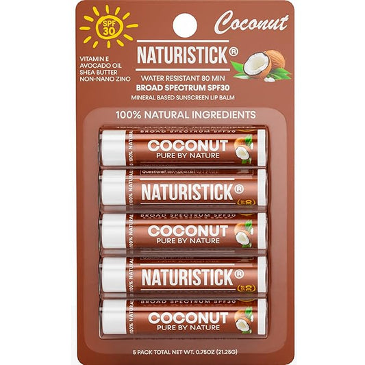 Naturistick SPF 30 Vegan Lip Balm – Mineral Sunscreen with Zinc Oxide | Broad Spectrum UVA/UVB Protection | 100% Natural, Coral-Friendly Formula | Oxybenzone Free | 5-Pack Coconut | Made in USA-Velvo Beauty
