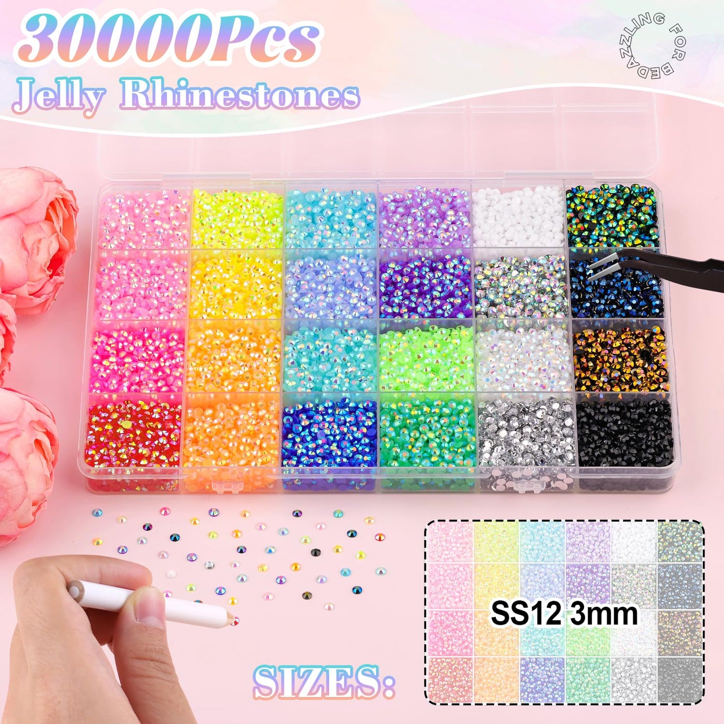 30000Pcs Resin Rhinestones for Bedazzling with B7000 Jewelry Glue, 3MM Colorful Gems Flatback Rhinestones for Crafting, Crystal for DIY Crafts Clothing Tumblers Mugs Shoes Fabric Decor Nail Art-Velvo Beauty