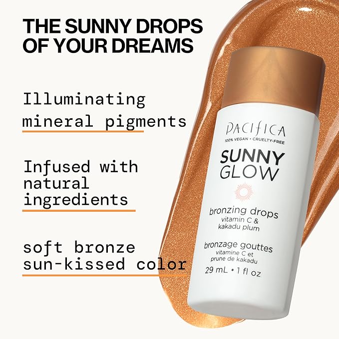 Pacifica Sunny Glow Liquid Face Bronzer Drops - Face Makeup Bronzing For Face & Cheeks for Instant Sun-Kissed Glow - Vitamin C & Glycolic Acid Infused Liquid Bronzer Illuminating Highlighting Clean-Velvo Beauty
