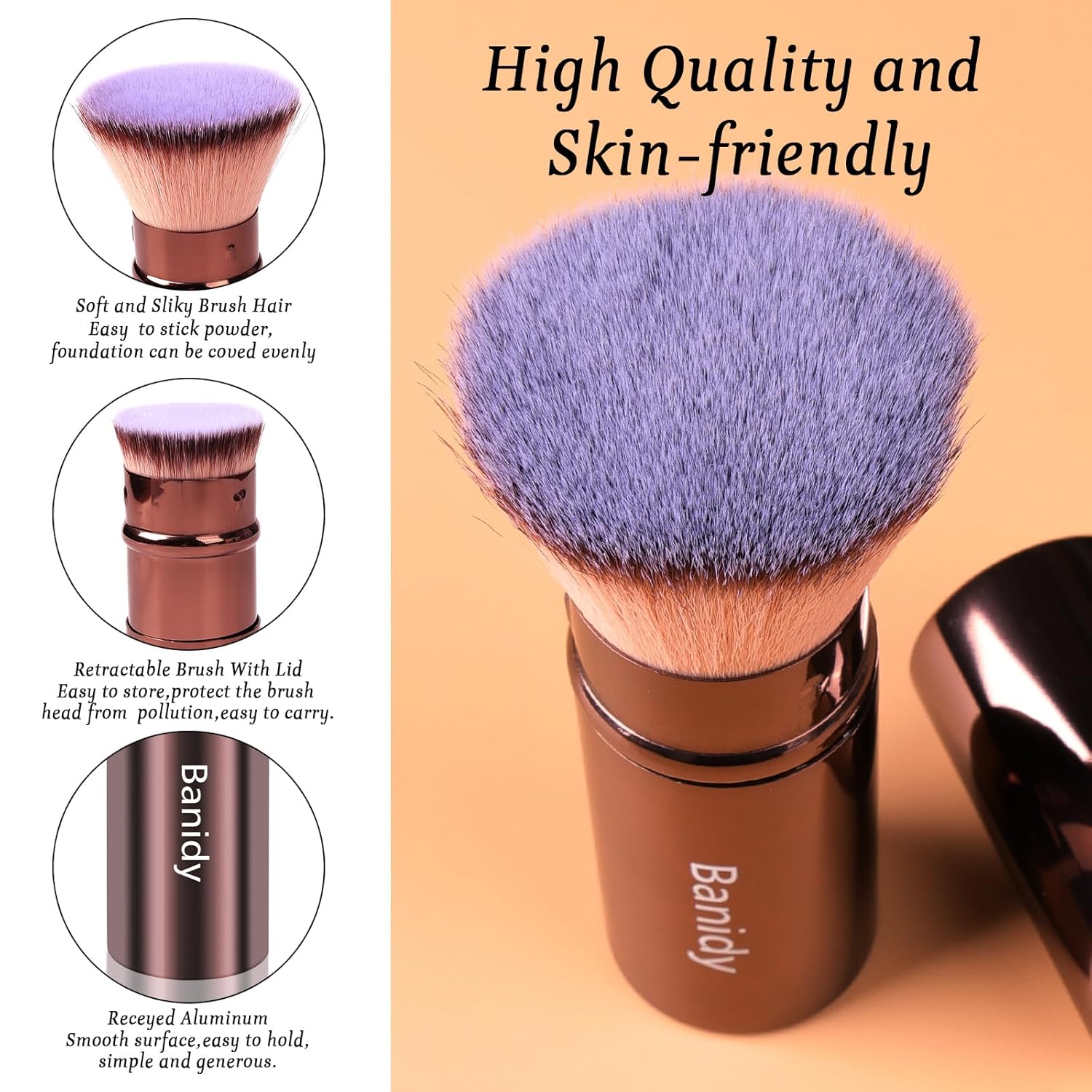 Makeup Brush Kabuki Face Brushes Retractable Travel Blush Brush Portable Flawless for Foundation, Powder Blush, Bronzer, Buffing, Liquid, Cream, Cruelty Free with Cover(Flat-Head)-Velvo Beauty