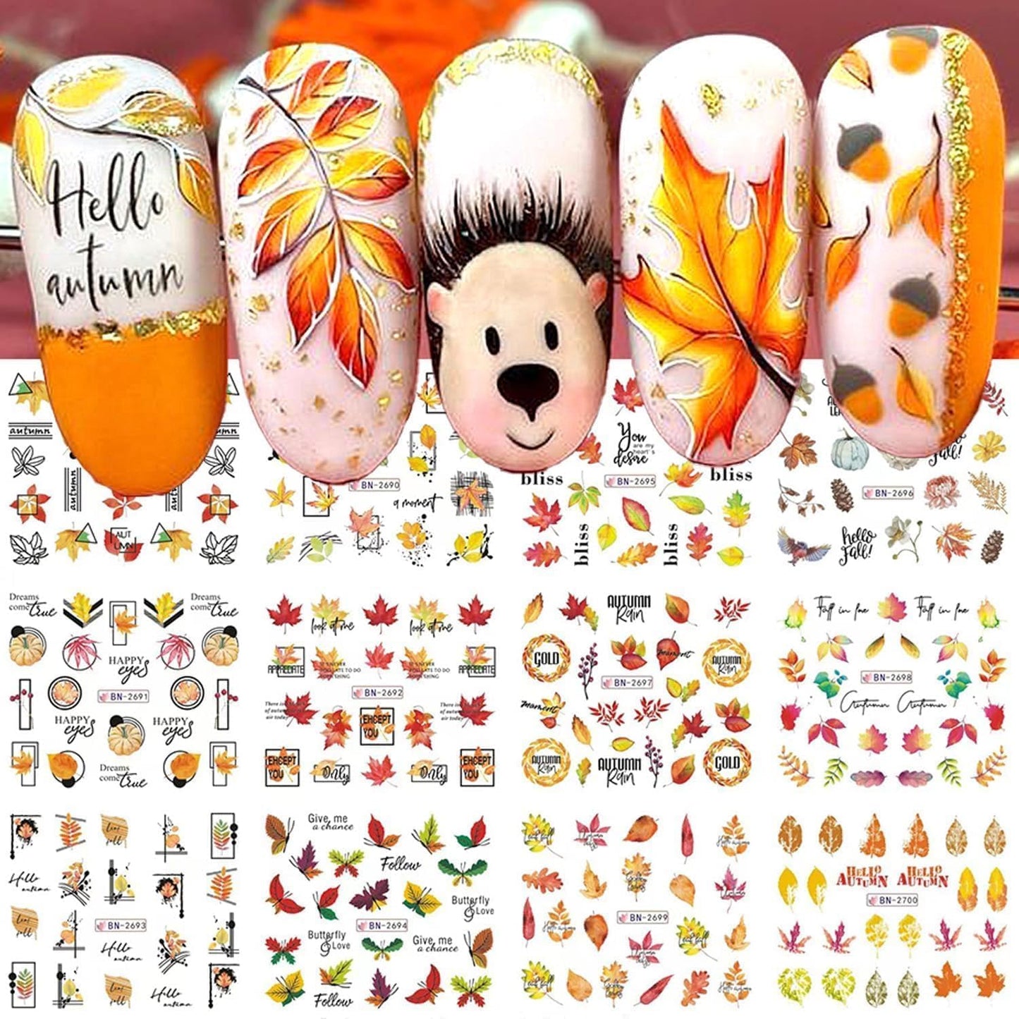 Fall Thanksgiving Nail Art Stickers Decals, 12 Sheets Maple Leaf Design Water Transfer Nail Decals Autumn Thanksgiving Nail Art Decoration Abstract Leaves Ginkgo Slider Nail Foils for Women DIY Supply-Velvo Beauty