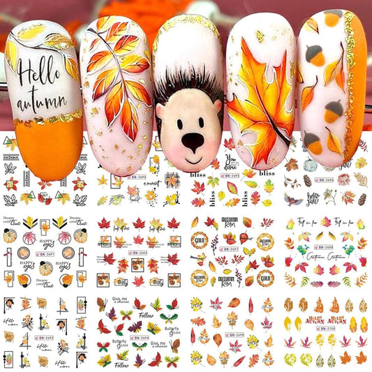 Fall Thanksgiving Nail Art Stickers Decals, 12 Sheets Maple Leaf Design Water Transfer Nail Decals Autumn Thanksgiving Nail Art Decoration Abstract Leaves Ginkgo Slider Nail Foils for Women DIY Supply-Velvo Beauty
