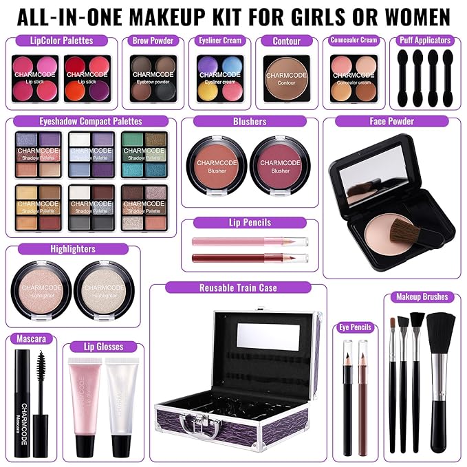 Makeup Kit for Teen Girls & Women Full Kit, Beauty Train Case with Starter Cosmetic Set, Make Up Valentine's Day Gift Box with Eyeshadow,Lipgloss,Highlighter,Blush,Lip&Eye Pencils,Brush & More(Purple)-Velvo Beauty