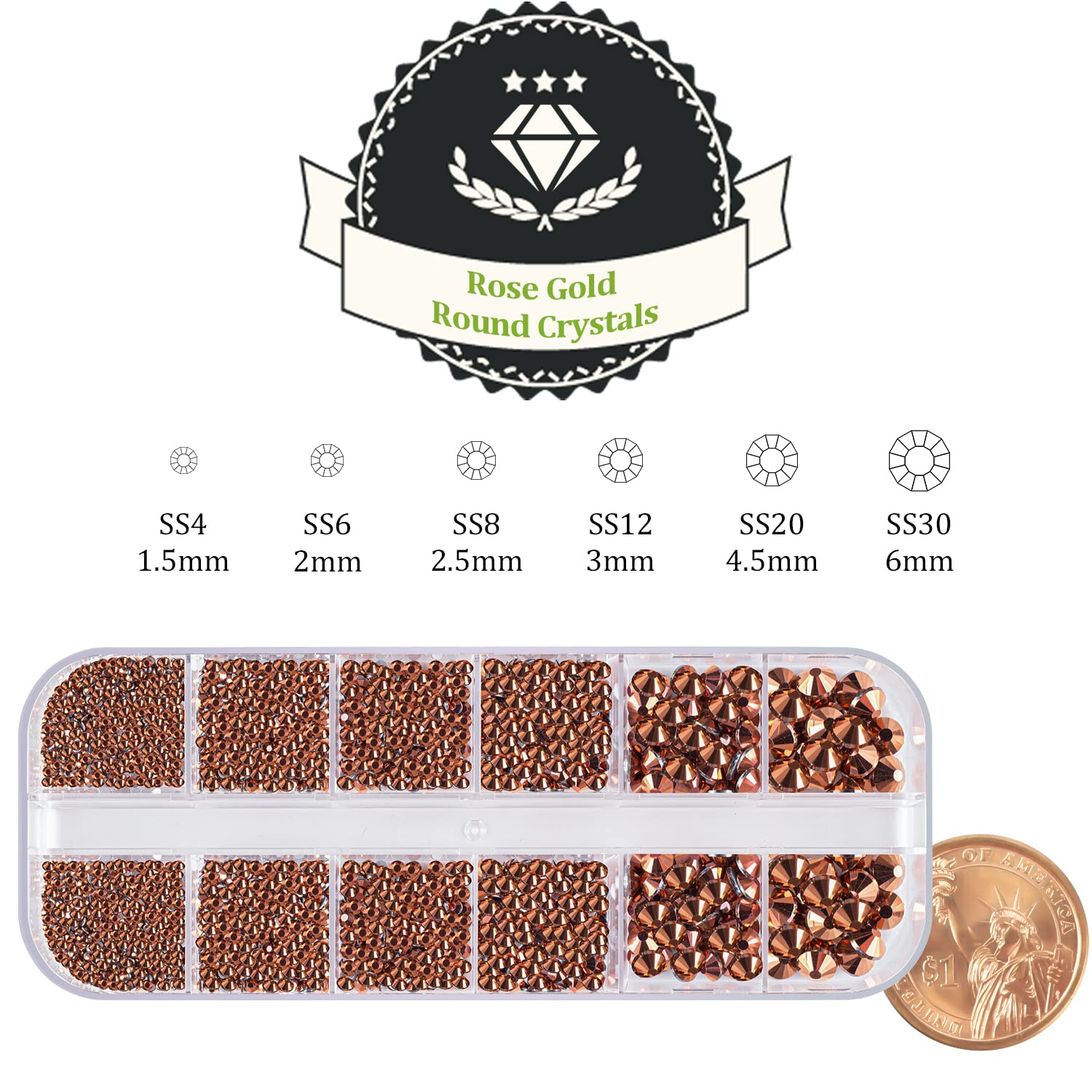 One Pack 2000 Pcs of Flatback Round Rose Gold Rhinestones 6 Sizes (1.5-6 mm) with Nail Art Rhinestone Picker Pencil and Tweezers for DIY and Salon Use-Velvo Beauty