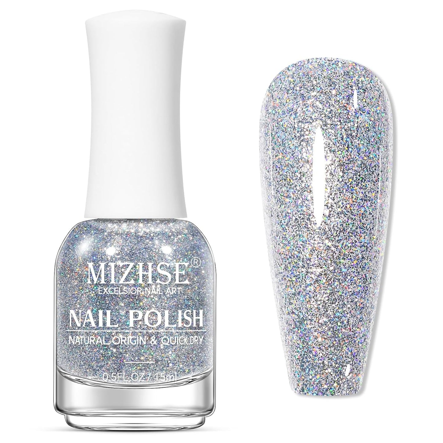 MIZHSE Quick Dry Glitter Nail Polish, Siver Rainbow Nail Polish Air Dry Fast, 15ml High Glossy Sparkly Shiny Shimmery Iridescent Silver Nail Art Salon Manicure Home-Velvo Beauty