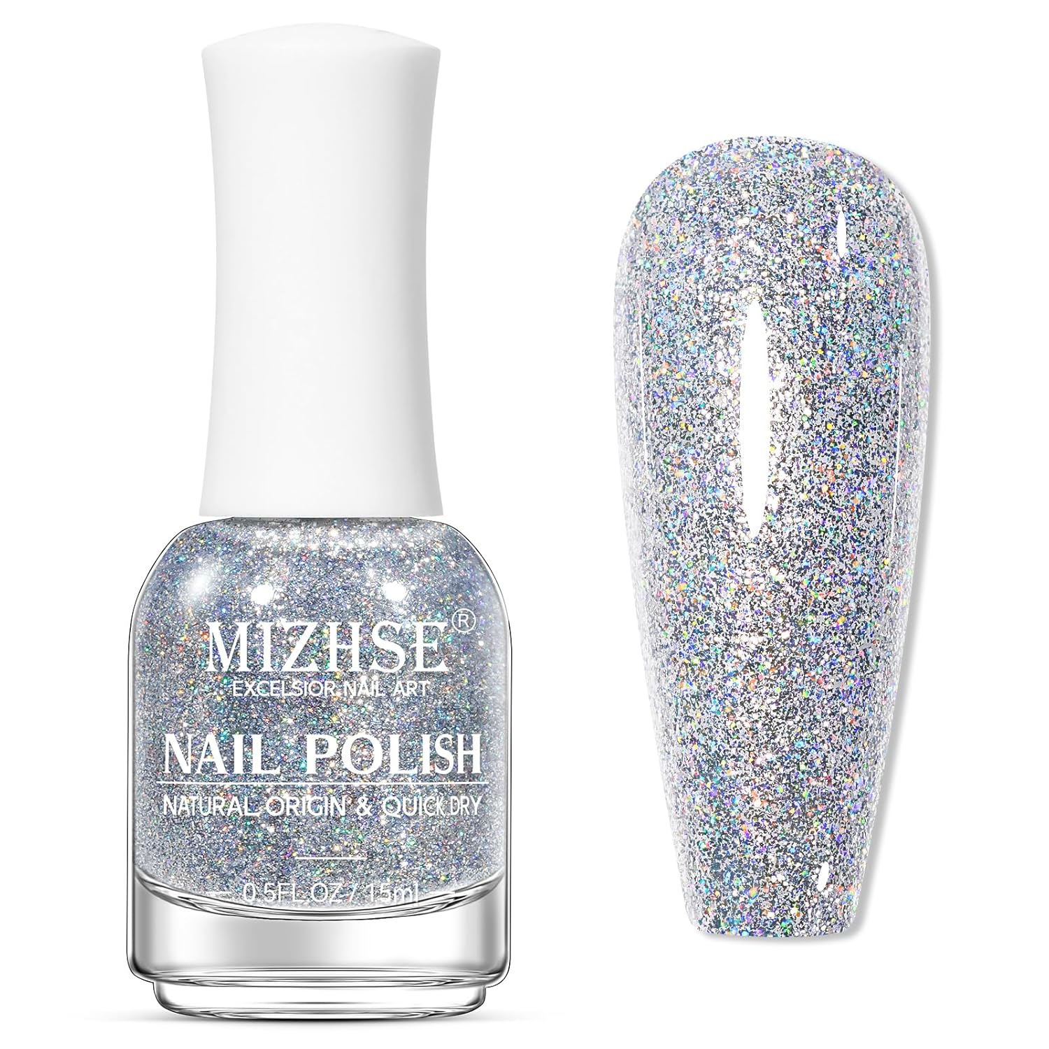 MIZHSE Quick Dry Glitter Nail Polish, Siver Rainbow Nail Polish Air Dry Fast, 15ml High Glossy Sparkly Shiny Shimmery Iridescent Silver Nail Art Salon Manicure Home-Velvo Beauty
