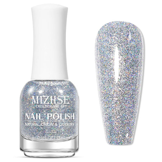 MIZHSE Quick Dry Glitter Nail Polish, Siver Rainbow Nail Polish Air Dry Fast, 15ml High Glossy Sparkly Shiny Shimmery Iridescent Silver Nail Art Salon Manicure Home-Velvo Beauty