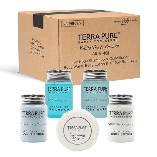Terra Pure White Tea & Coconut Hotel Size Toiletries Set | 1-Shoppe All-In-Kit | 1 oz. Liquids and 1.25 oz. Bar Soap | Amenities For Hotels, Airbnb & Rentals | (75 pieces)-Velvo Beauty