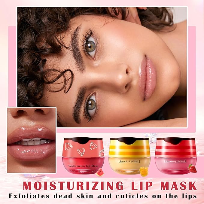 Honey Lip Balm (Strawberry, Watermelon) - Smooth, Hydrating Propolis Lip Mask Overnight Scrubs Exfoliator, Natural Ingredients, Lip Care Set-Velvo Beauty