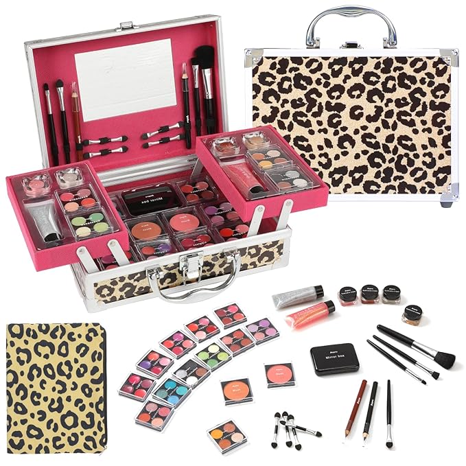 Anpro All-In-One Leopord Double Folding Makeup Carry Case with Pro Teen Makeup Set, Full Starter Kit with Makeup Brushes, Lipsticks, Eyeshadow Palette, Blushes, Glitter Gel, Ideal Present for Girls-Velvo Beauty