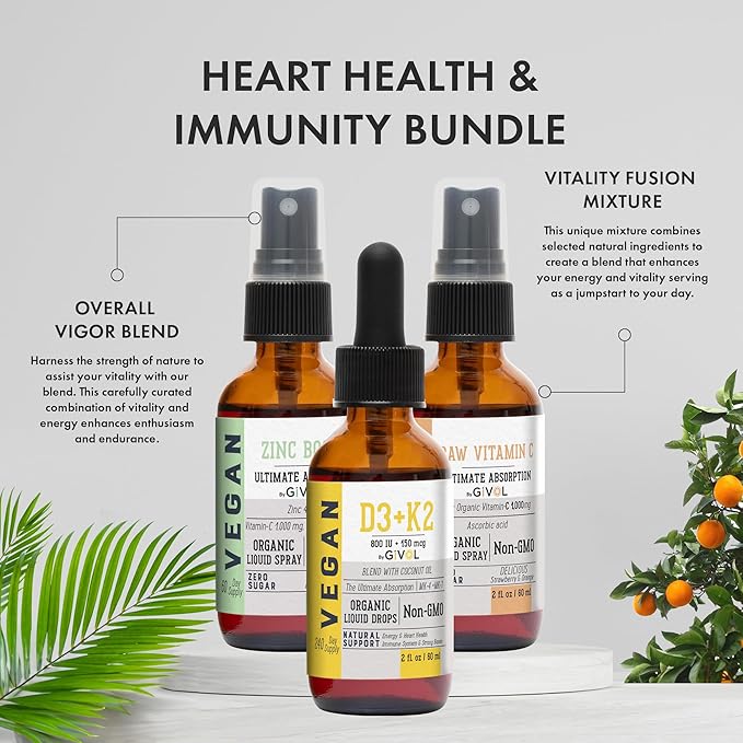 Immunity Support Pack - Raw Vitamin C, D3 & K2 Liquid, Zinc Picolinate - Premium Heart Health Vitamins w/Essential Minerals, Antioxidant Properties, & Cardiovascular Benefits - 180 Days Supply-Velvo Beauty