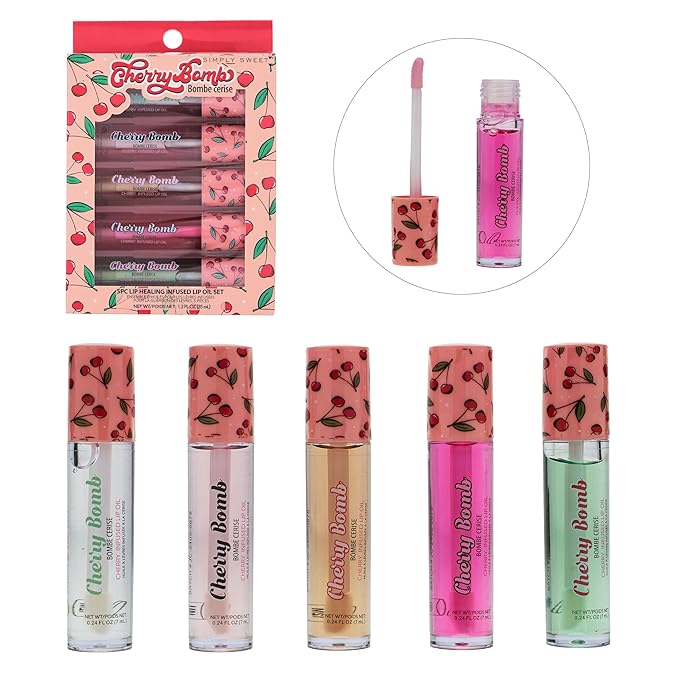 Expressions 5pc Lip Oil Set - Cherry Bomb Lip Oils, Lip Healing Cherry Infused Lip Oil Collection with Precision Applicator Wand Everyday Lip Care and Lip Repair (CHERRY BOMB)-Velvo Beauty