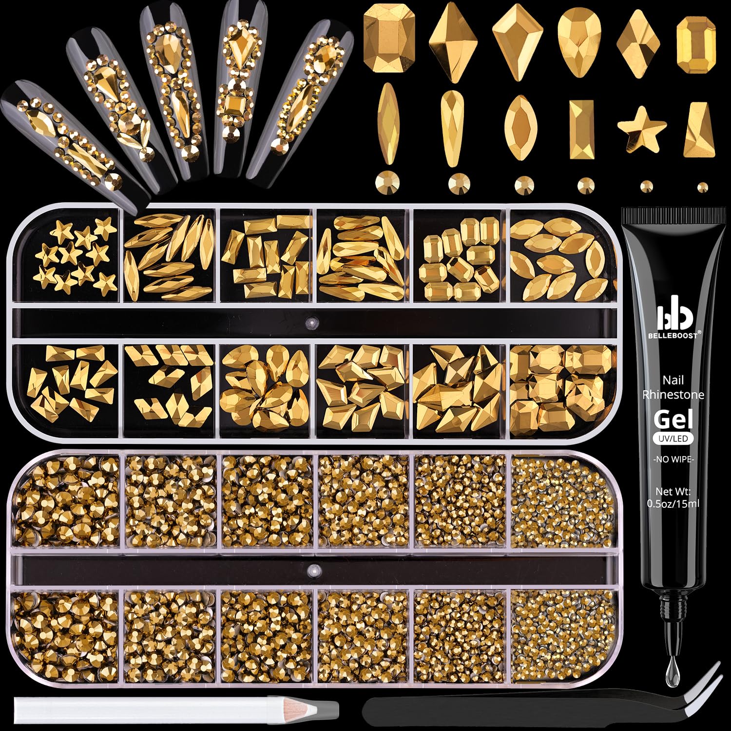 3220Pcs Mineral Gold Glass Nail Rhinestones 120Pcs Multi Shapes Flatback Nail Gems + 3100Pcs 1.5-4mm Round Crystal with Rhinestones Glue Gel, Manicure Nail Charms Diamond Gemstone for Nail Art-Velvo Beauty