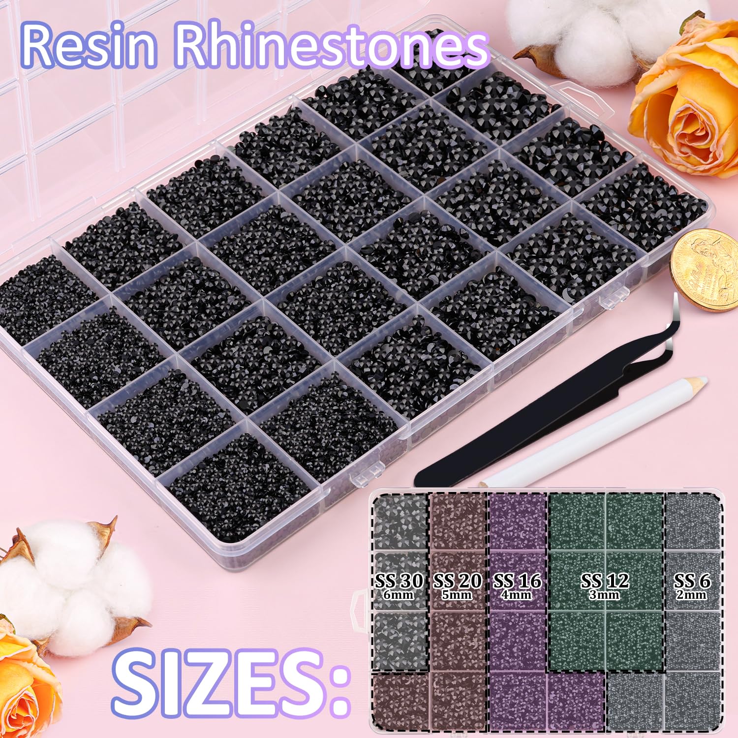 30000Pcs Black Rhinestones for Bedazzling Crafting, Flatback Resin Gems Crystal, Bedazzler Kit with 3Pcs 10ml B7000 Jewelry Glue and Tweezers for DIY Crafts Clothing Shoes Fabric Nail Art-Velvo Beauty