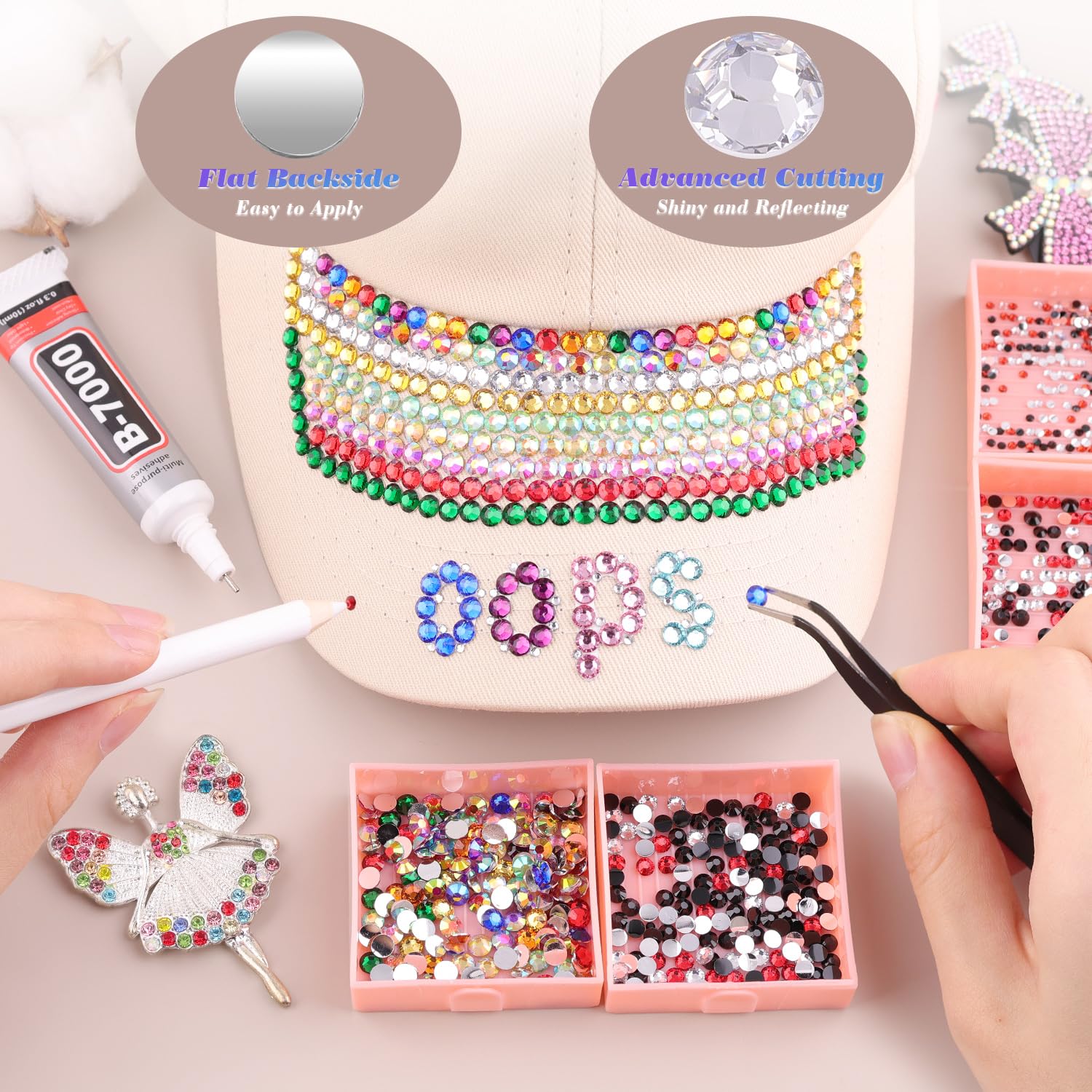 5000 PCS Flatback Rhinestones for Crafting and 3PCS B7000 Glue (Pack 2), 2 Boxes of Rainbow Resin Rhinestones Gems Charms for Bedazzling DIY Crafts Fabric Clothing Tumblers Shoes Nail Art-Velvo Beauty