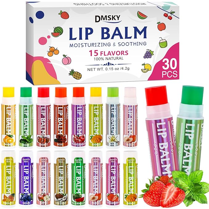 Dmsky Lip Balm 30 Pack, Colorful Lip Balm Bulk with Vitamin E and Coconut Oi, Hydrating Moisturizing Lip Balm Set for Men Women- 15 Flavors-Velvo Beauty